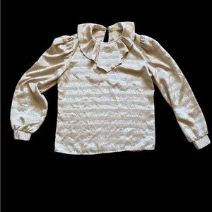 80’s Metallic Cream Ruffle Neck Long-Sleeve Top
